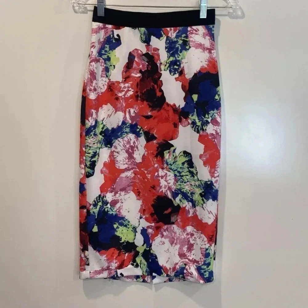 Milly Womens Midi Skirt Size XXS Floral Watercolor Abstract Pencil Straight (655 - Picture 3 of 7